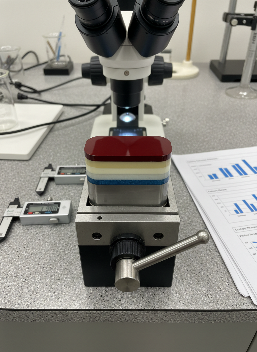 A close-up of a coated metal cross-section sample embedded in a clear epoxy mount, revealing distinct layers of substrate, pretreatment, primer, and topcoat under high magnification. The polished cross-section is held in a precision vise on a granite inspection table, surrounded by a microscope, micrometers, and neatly stacked technical reports with coating thickness charts. Cool, directional lab lighting creates subtle highlights on the metal and slight reflections on the epoxy surface, enhancing clarity without glare. Presented from a top-down, macro photographic perspective with extremely sharp focus, the background fades into a gentle blur of lab equipment. The mood is analytical and scientific, showcasing coating theory, layer structure, and failure diagnosis in a clean, minimalist, highly professional style.