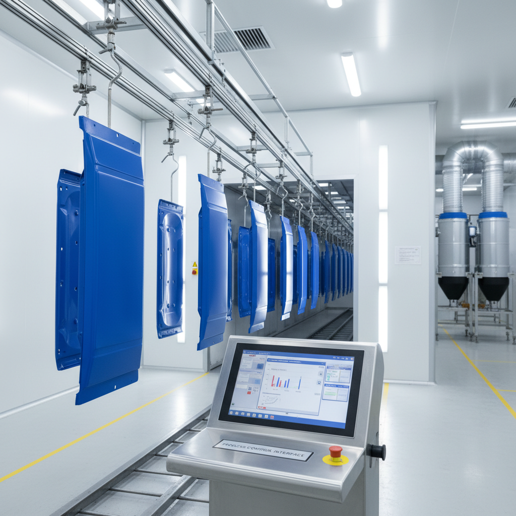 A long, automated industrial coating line in a spotless factory, with metal hooks carrying evenly spaced components moving through a brightly lit spray booth. Each component shows a perfectly uniform blue coating, with no sags or orange peel, under pure white LED task lighting that reveals every surface detail. The foreground features a clearly labeled control panel with graphs and parameters glowing on a touchscreen, resting on a tidy console. Captured from a slightly elevated wide-angle perspective, the composition leads the eye down the conveyor path into a softly blurred background of filters and exhaust ducts. The atmosphere is orderly, efficient, and highly technical, emphasizing process control and problem-free production in photographic realism with a crisp, industrial aesthetic.