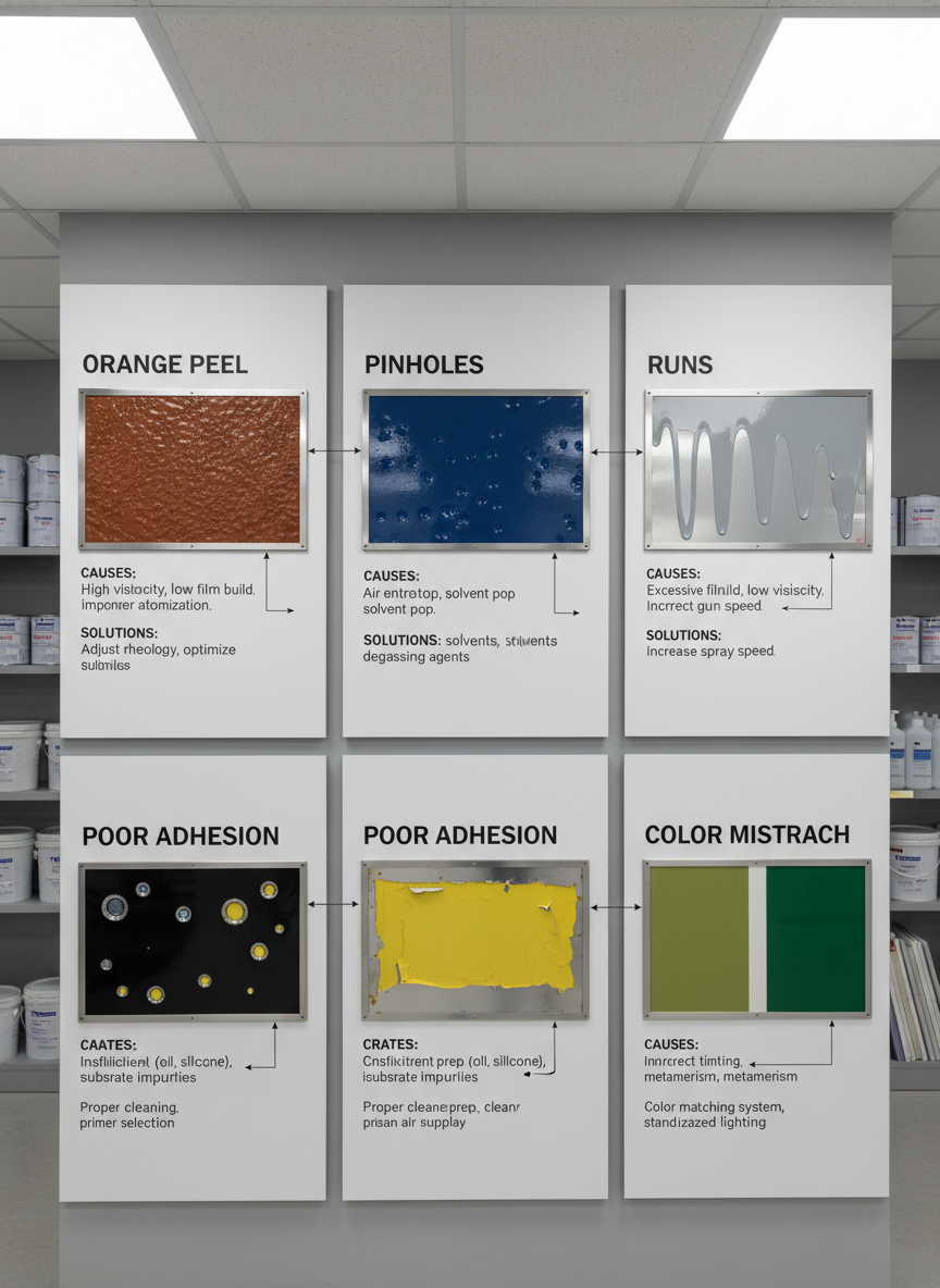 An organized troubleshooting wall in a technical coating training room, featuring large, labeled metal panels displaying classic coating defects: orange peel, pinholes, runs, craters, poor adhesion, and color mismatch. Each defect panel is mounted on a matte white board with precise printed annotations and arrows explaining causes and solutions. Neutral, diffused overhead lighting ensures every texture and imperfection is clearly visible without harsh reflections. Shot straight-on at eye level with a balanced, symmetrical composition, the panels fill the frame while the surrounding shelves of neatly arranged paint cans, hardeners, and test charts recede softly into the background. The atmosphere is educational and methodical, designed for factory owners to visually understand and solve coating problems, rendered in realistic, clean photographic style.